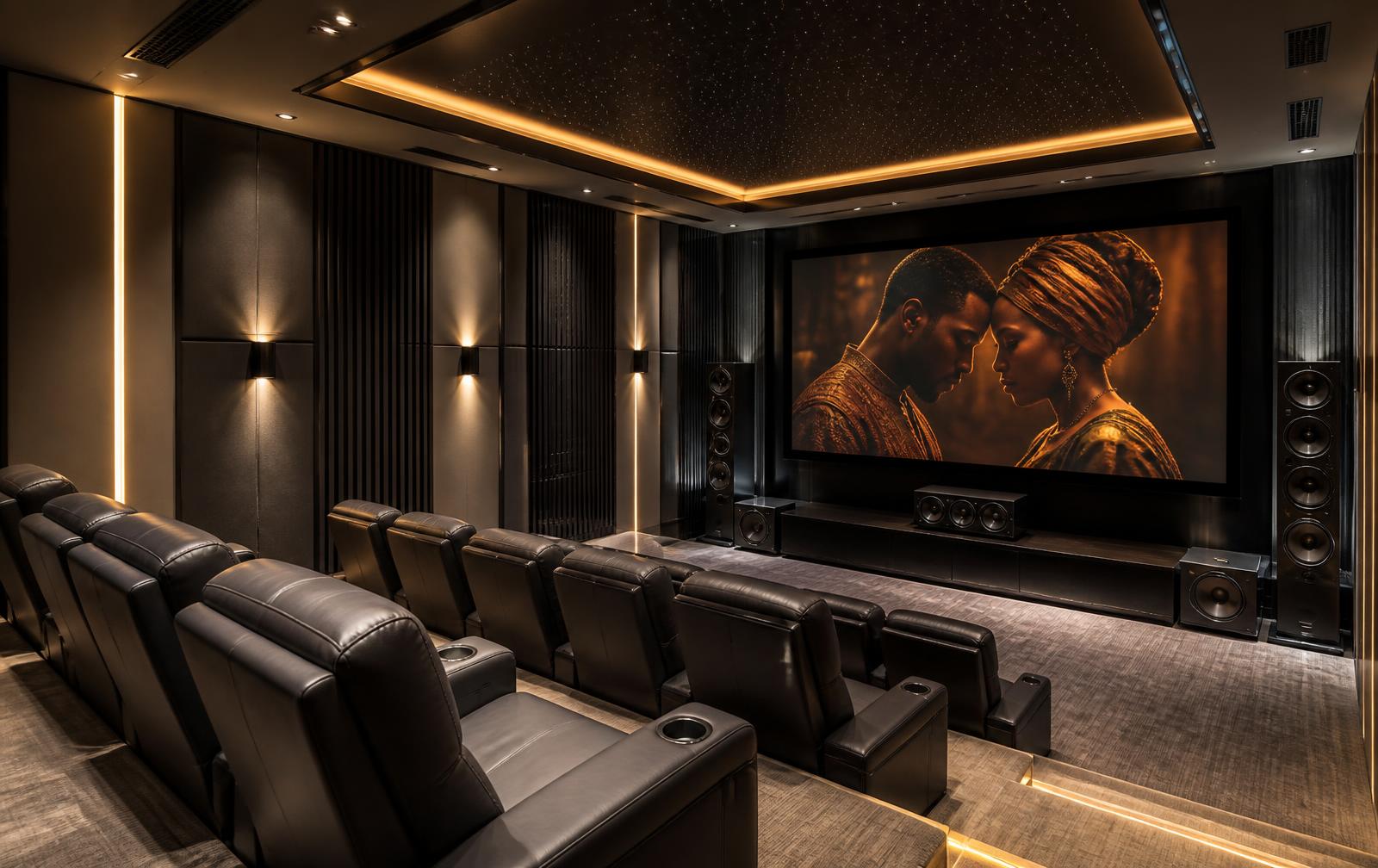 Salle de cinéma privée avec écran géant, fauteuils inclinables et éclairage d'ambiance
